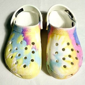 CROCS Kids Tie-Dye Clog in White with Yellow, Blue & Pink